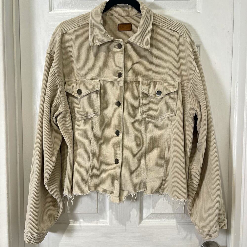 POL Womens Beige Corduroy Cropped Button-Front Jacket Collared Pockets Sz L